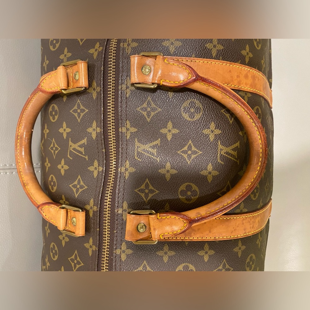 Louis Vuitton Brown Monogram Travel Duffel with Tan Leather Trim - Picture 4 of 13